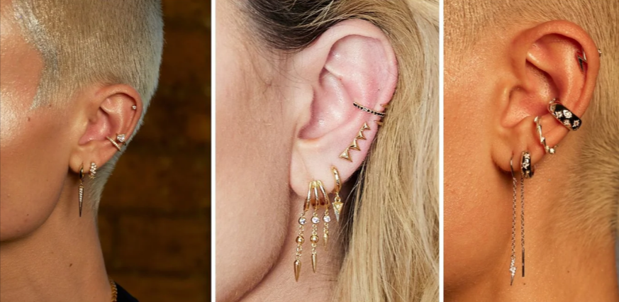 A collage of three pictures of different women showing the ears wearing Scream Pretty earings