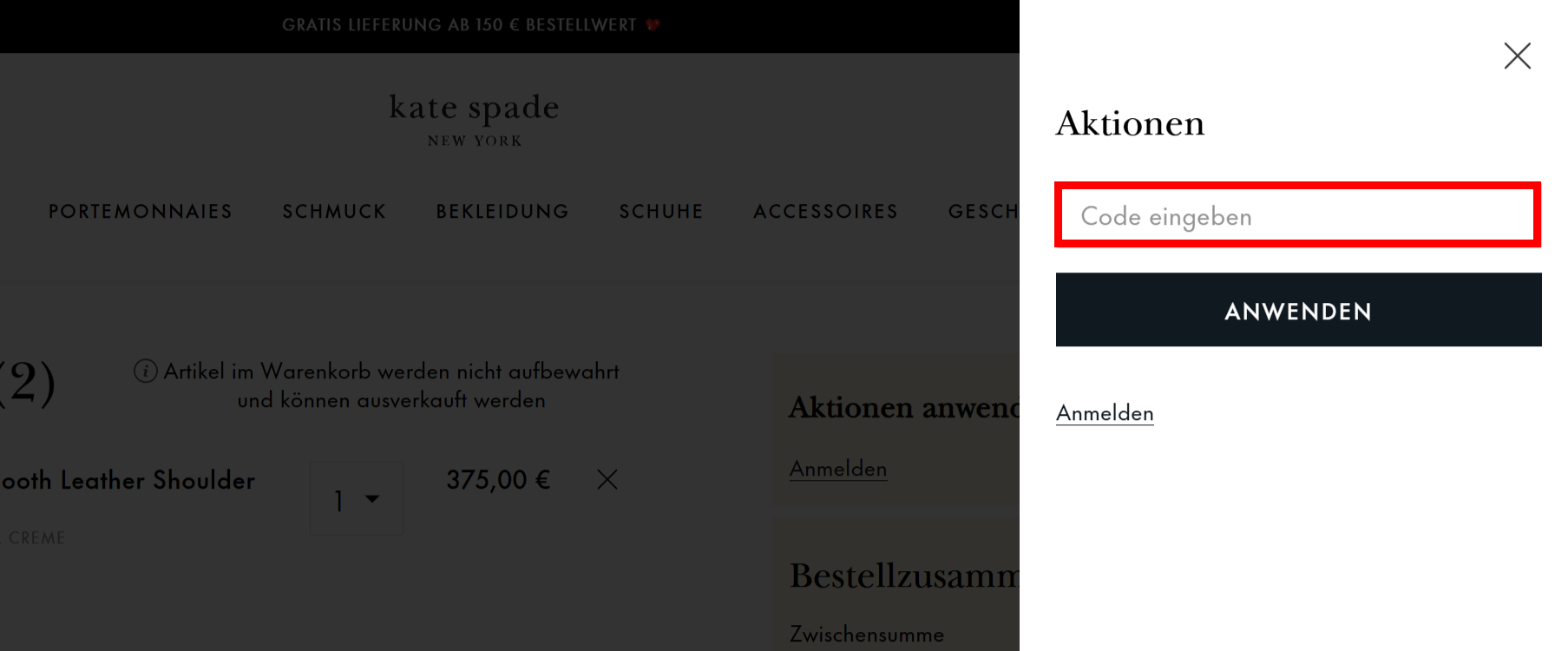 Warenkorb von Kate Spade mit einem rotmarkiertem Eingabefeld