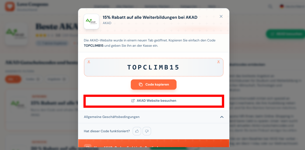 Offener Gutschein für AKAD mit rotmarkiertem Link auf der Love Coupons-Seite