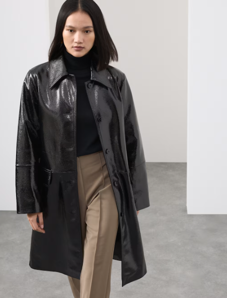 Women’s winter coats and jackets: A model in the Autograph Leather Patent Crackle Longline Car Coat