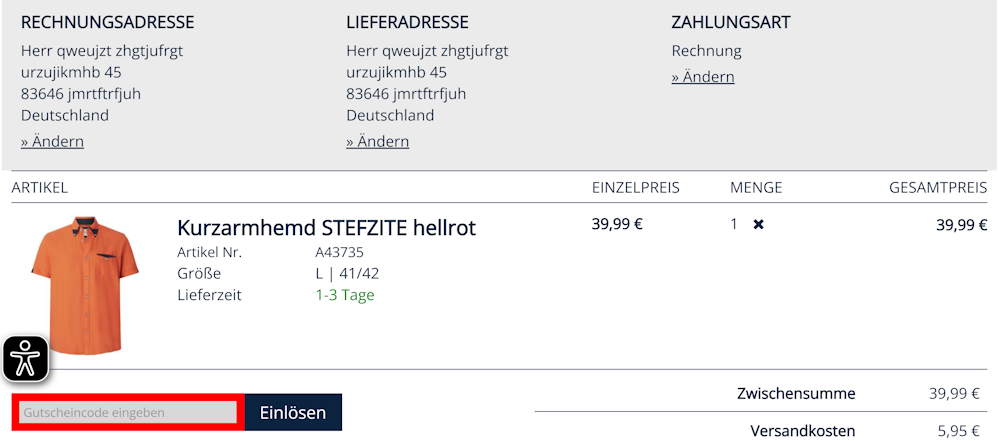 Bestellverlauf von Babista mit rotmarkiertem Eingabefeld für Gutscheincodes
