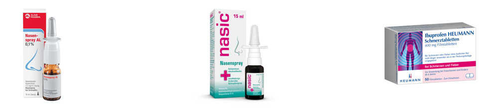 Drei verschiedene Medikamenten-Produkte mit ihren Verpackungen auf leerem Hintergrund