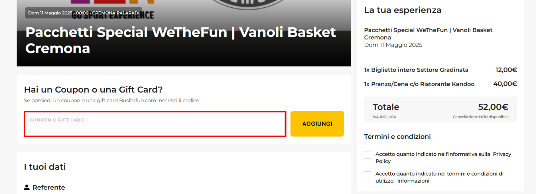 carrello della piattaforma Busforfun dove poter inserire il coupon Busforfun nell'apposito spazio ed applicarlo