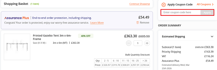 image showing the discount code box