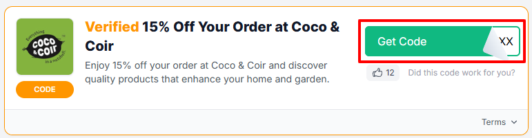 A Coco & Coir voucher code with "Get Code" in a red box