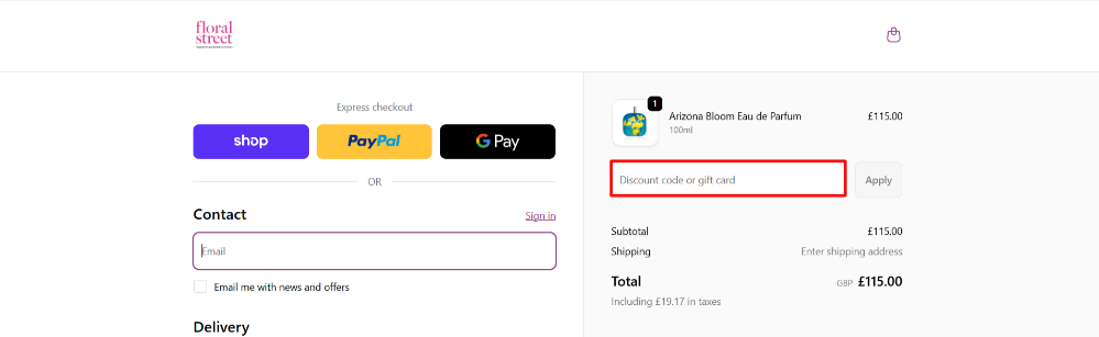 The checkout page showing the Floral Street promo code box