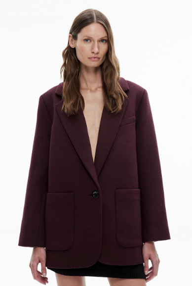 Women's coats and jackets: A model wearing the Plum blazer coat