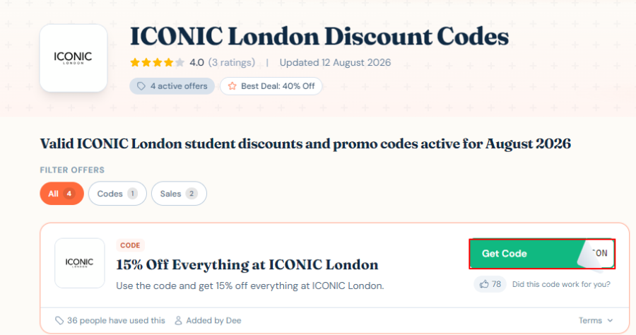 a ICONIC London code with a red bx around the get code button
