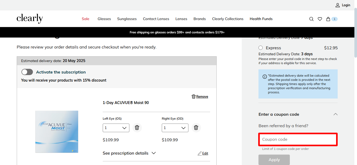 Clearly's shopping cart page where you apply your Clearly promo code
