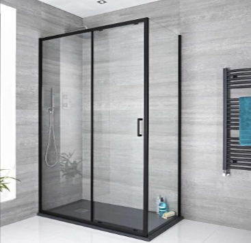 A modern bathroom with a glass door framed in black