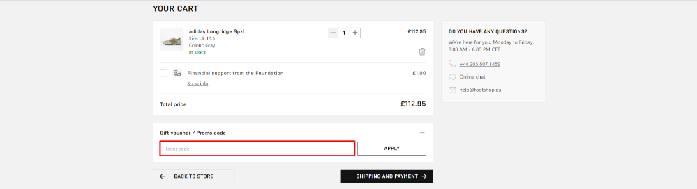 The checkout page showing the Footshop promo code box