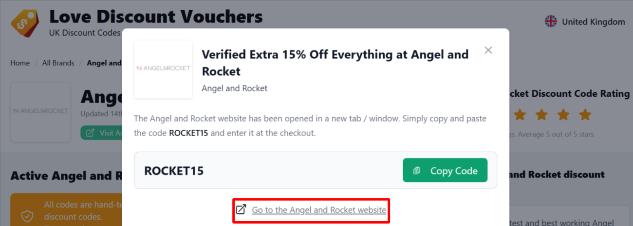 The highlighted red box shows the link that takes you to the Angel and Rocket website