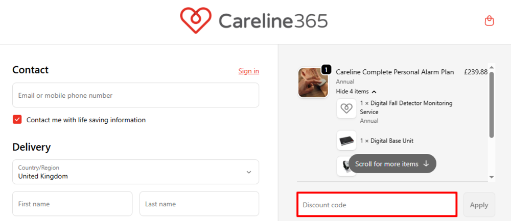 The Careline365 checkout page with where to paste the Careline365 voucher code in a red box.