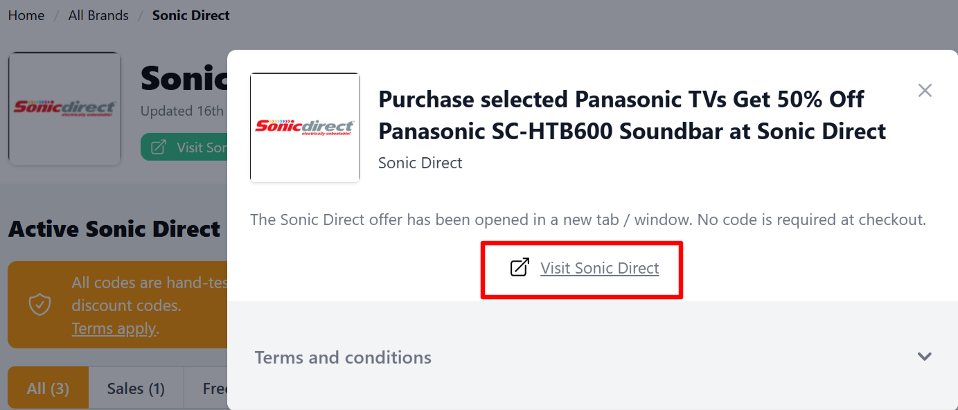 A Sonic Direct discount code on an onscreen page on our site