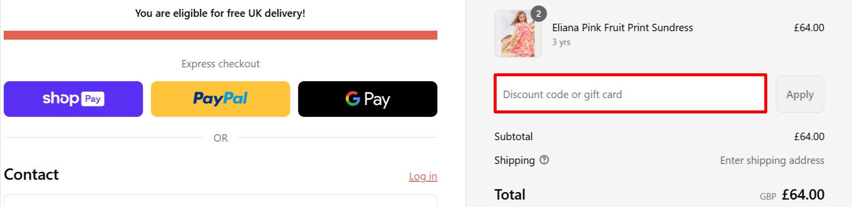The checkout page showing where to apply your Angel and Rocket discount code