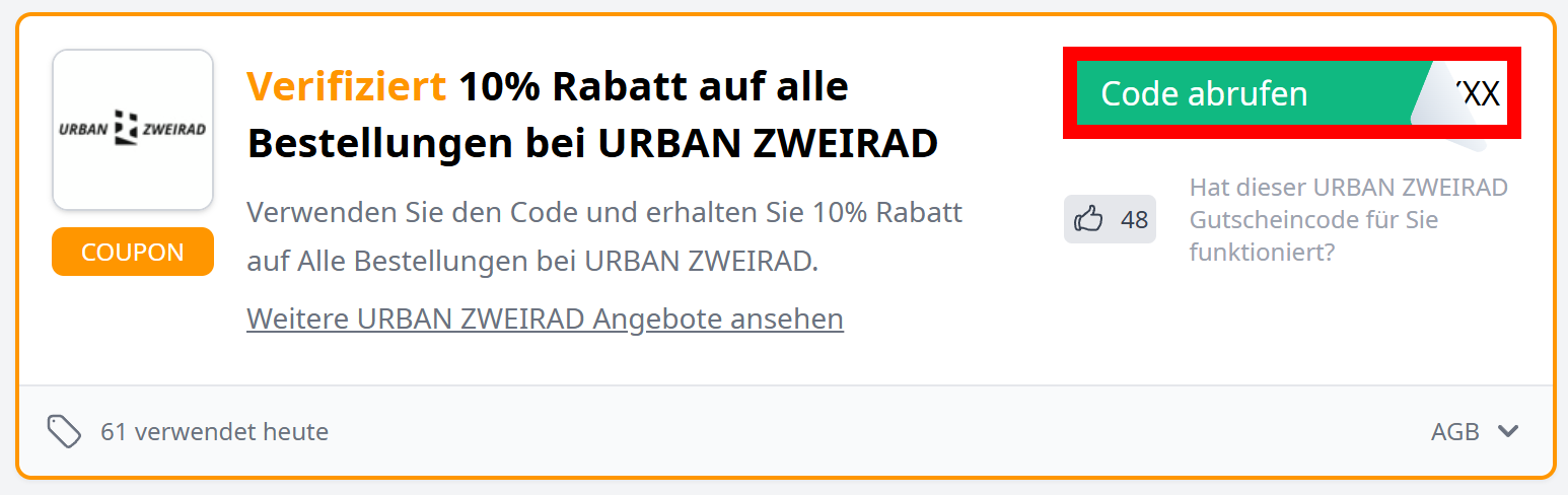 Angaben zu einem Rabattcode von URBAN ZWEIRAD mit einem rotmarkiertem Abruf-Button