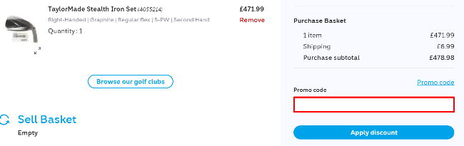 Golfbidder checking out page with a highlighted code box