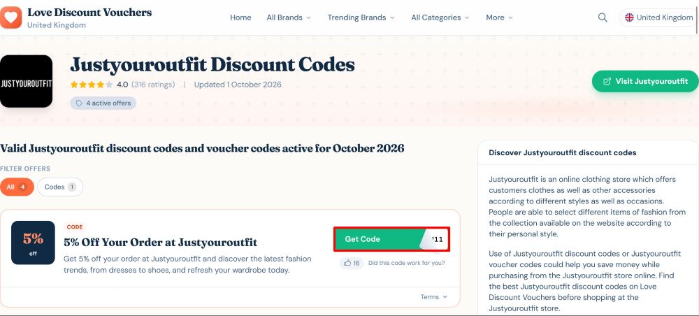 Justyouroutfit Love Discount Vouchers page where you copy a discount code