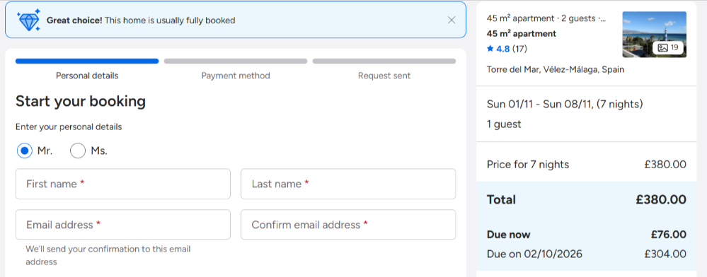 Entering personal guest details on the Interhome booking page
