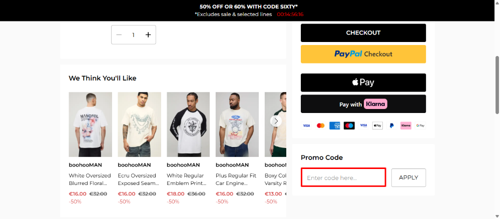 boohooMAN discount code place in the shopping bag