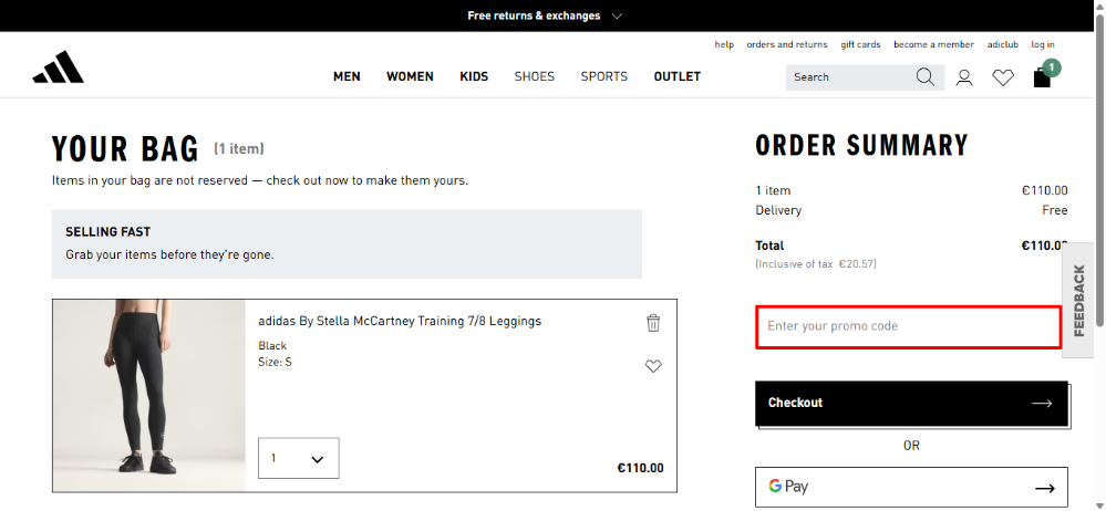 Paste your adidas discount code into the “Enter your promo code” box
