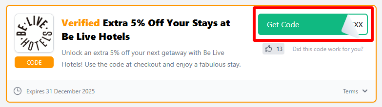 A Be Live Hotels voucher code with "Get Code" highlighted in a red box.