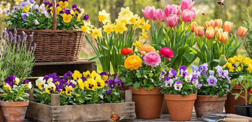 Mehre Blumentöpfe, Blumenkörbe und Blumensträuße nebeneinander präsentiert