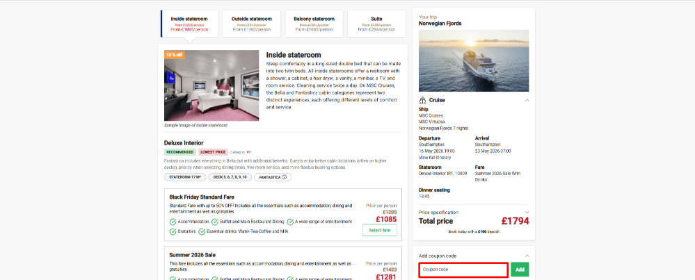 Different package options for the MSC cruise on Cruise118