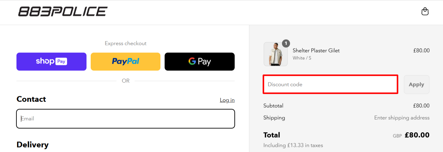 The checkout page shows where to apply your 883 Police voucher code