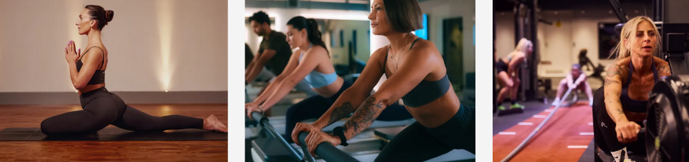 Members enjoying yoga, cardio, and functional fitness training sessions at a modern Fitness First gym facility.