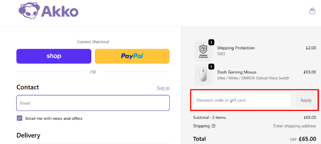 Akkogear heckout page with marked discount code box