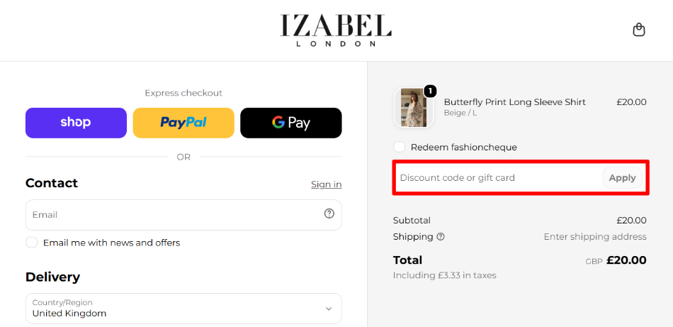 The checkout page with the Izabel London discount code box highlighted with a red box