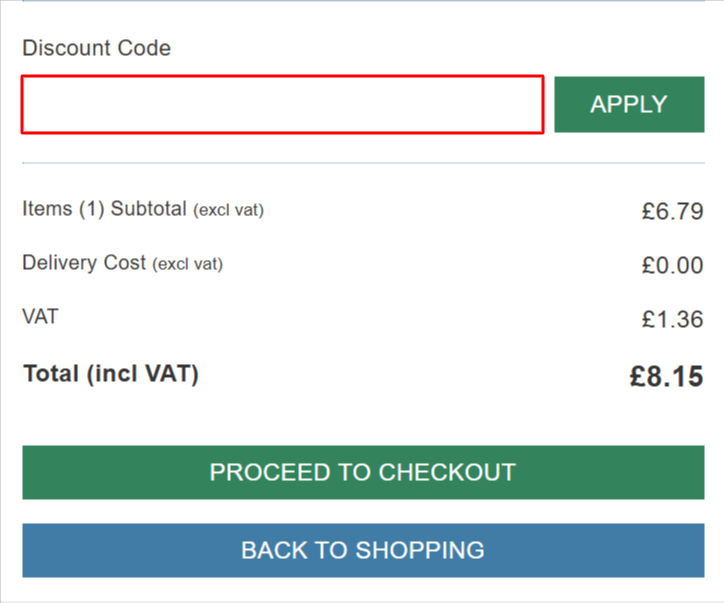 The Express Chemist checkout page with where to paste the Express Chemist discount code in a red box
