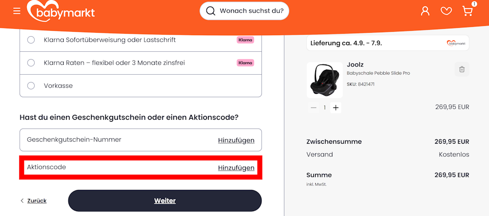 Bestellseite von Babymarkt mit rotmarkiertem Eingabefeld für Codes