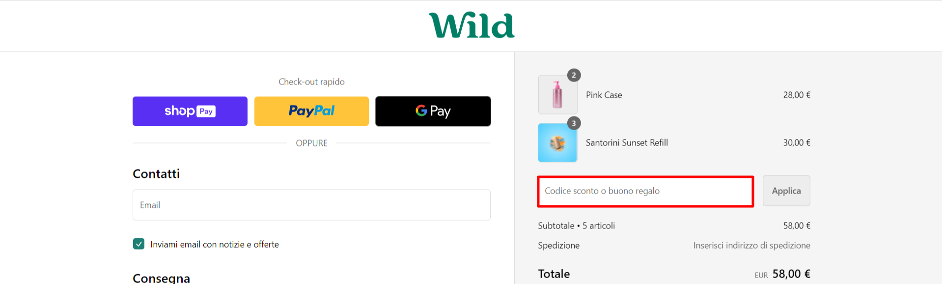 carrello della piattaforma Wild in cui inserire il codice sconto Wild