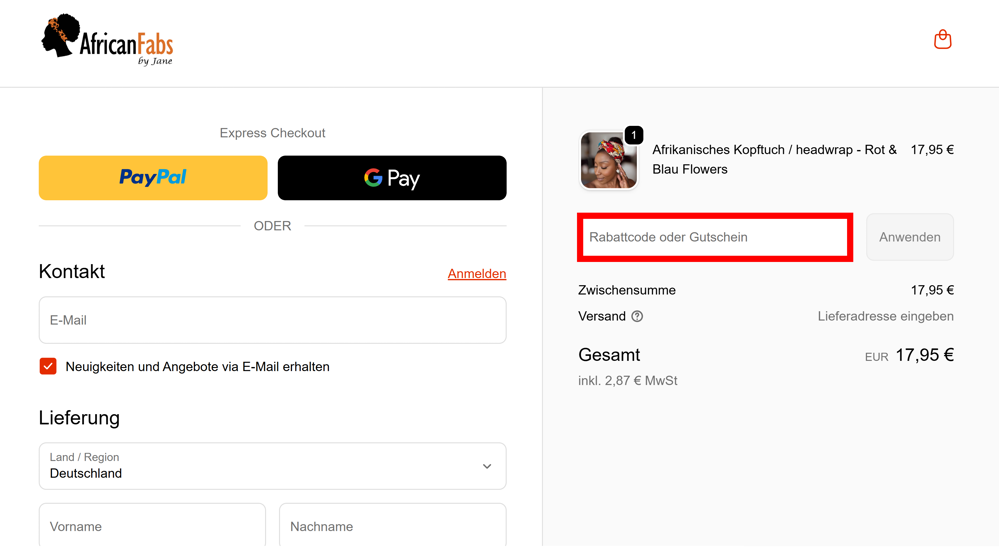 Checkout von AfricanFabs mit einem rotmarkierten Eingabefeld für einen Rabattcode