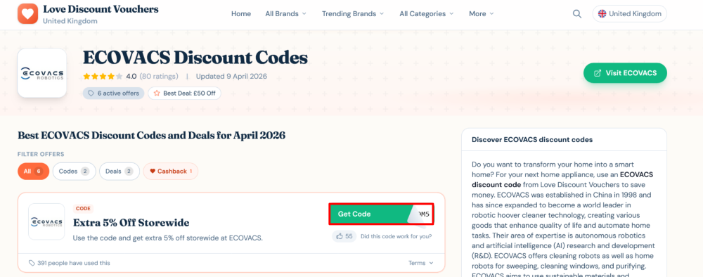 ECOVACS checkout page where a discount code is copied