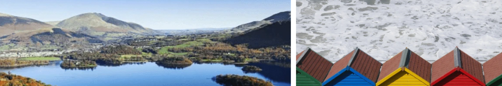 Pictures of a lake and hills and another one of colourful houses on a beach