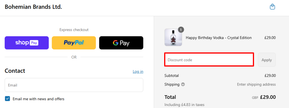 The Bohemian Brands checkout page with where to paste the Bohemian Brands voucher code in a red box.