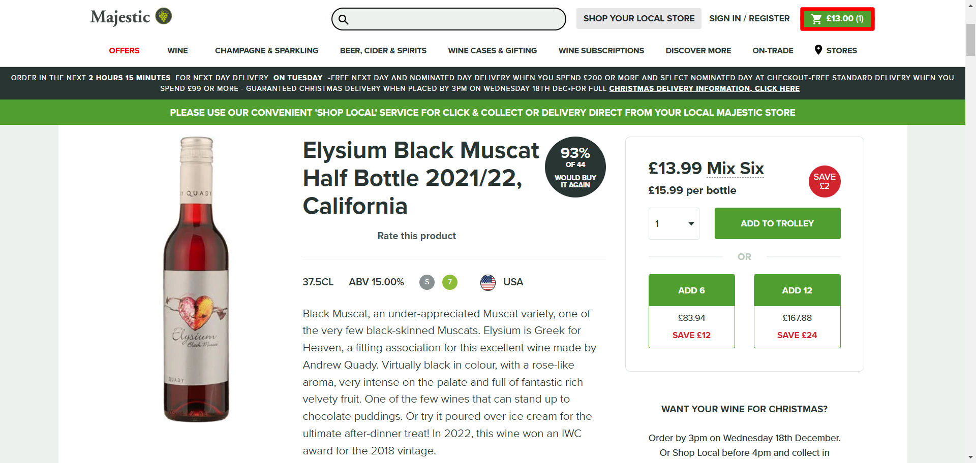 A product page with a red box outling the cart button