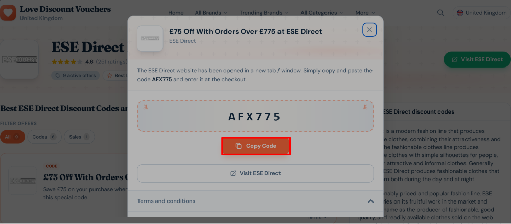 ESE Direct Love Discount Vouchers page where a discount code is copied