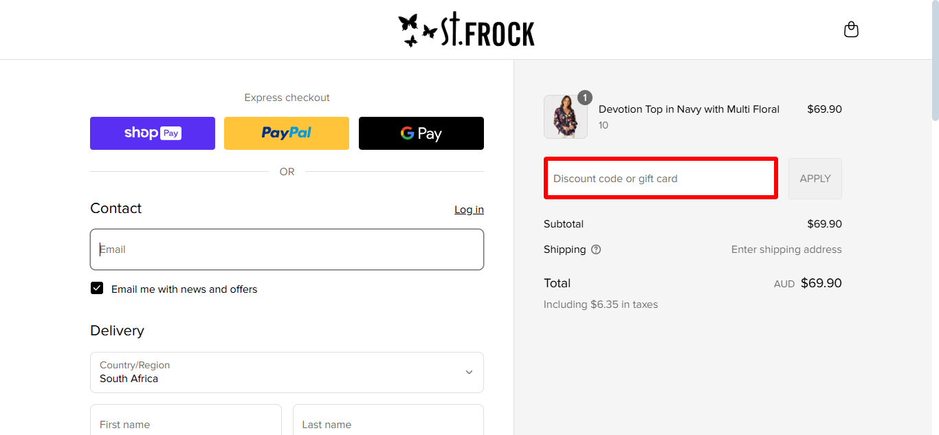 St Frock's checkout page where you can apply your St Frock promo code