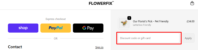A checkout page showing a red highlighted red where you enter your FLOWERFIX voucher code 