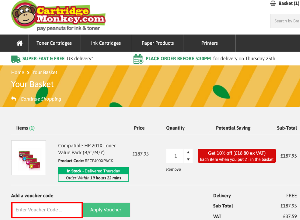 The checkout page for CartridgeMonkey, where you paste the code