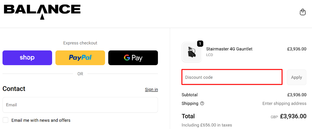 The Balance Leisure checkout page with where to paste the Balance Leisure voucher code in a red box