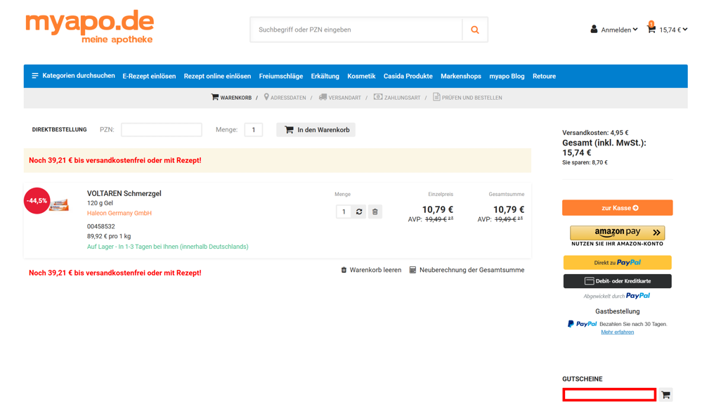 Warenkorb von myapo.de mit einer rotmarkierten Stell für den Rabattcode