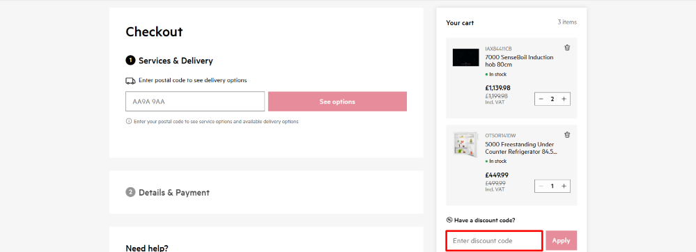 The AEG checkout page and the discount box highlighted in red
