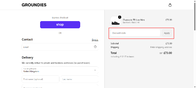 discount code space highlighted on the Groundies website