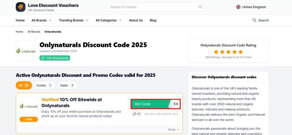 The page where you copy a Onlynaturals code