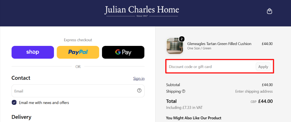 Applying a Julian Charles discount code at checkout